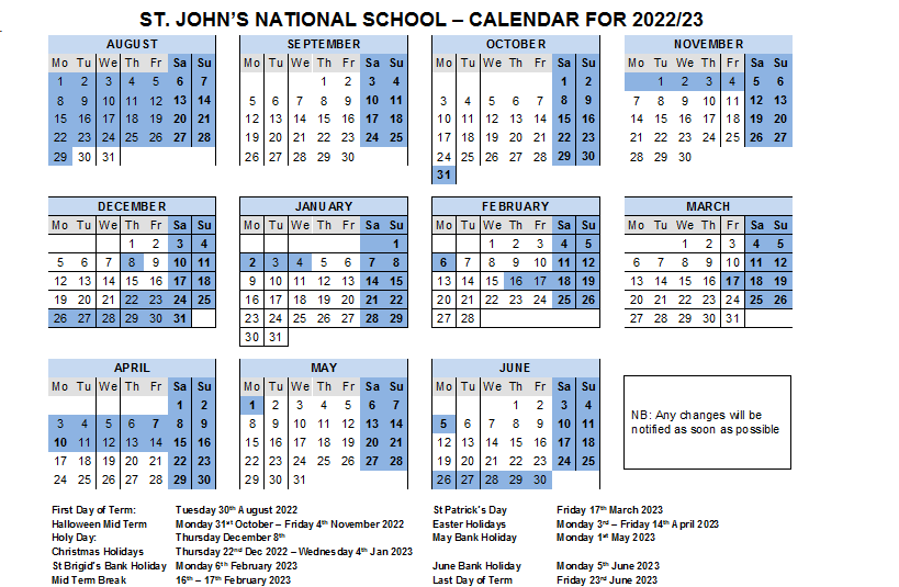 School Calendar St John #39 s National School